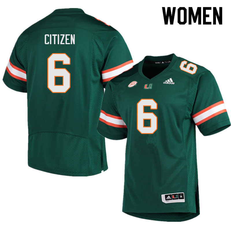 Women #6 TreVonte Citizen Miami Hurricanes College Football Jerseys Sale-Green